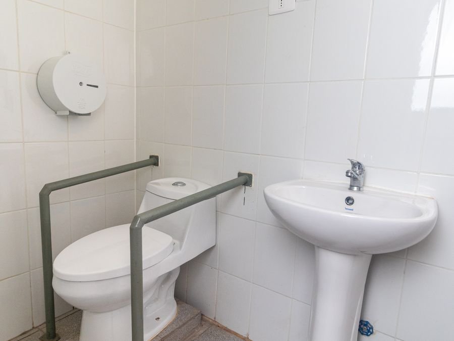 Baño con barras de apoyo junto al inodoro y al lavamanos.