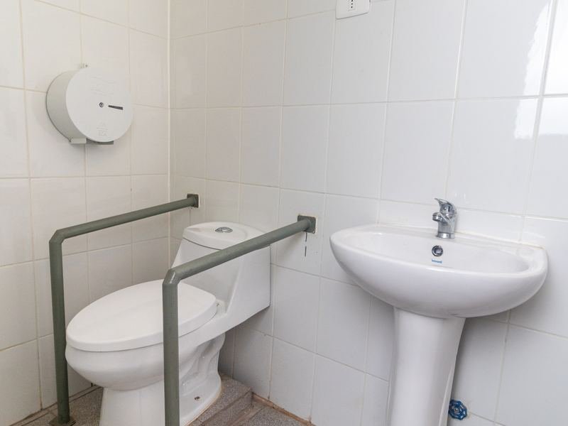 Baño con barras de apoyo junto al inodoro y al lavamanos.
